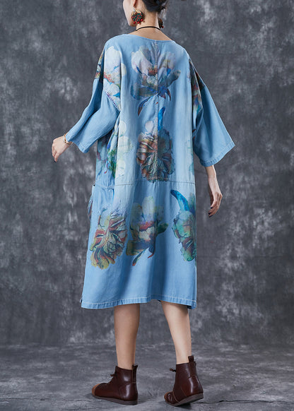 Plus Size Denim Blue Oversized Print Cotton Robe Dresses Fall Ada Fashion