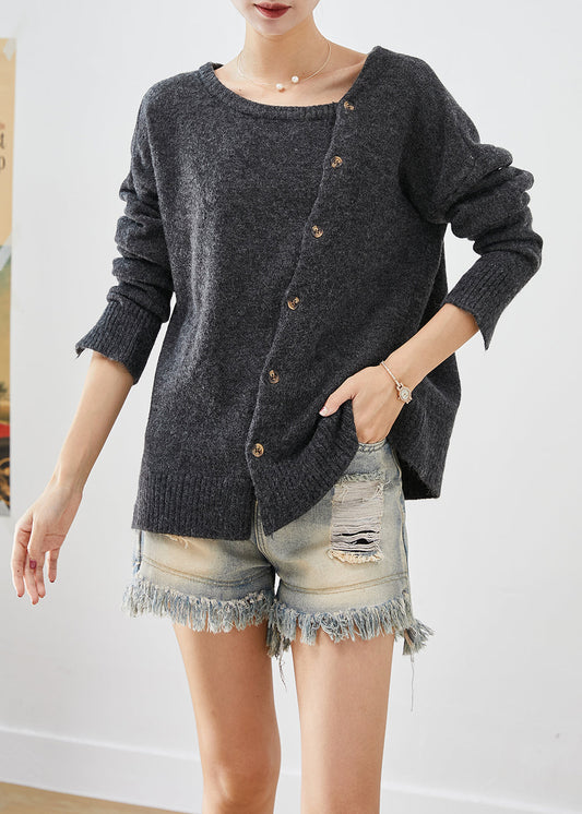 Plus Size Dull Grey Asymmetrical Patchwork Button Knit Pullover Fall Ada Fashion