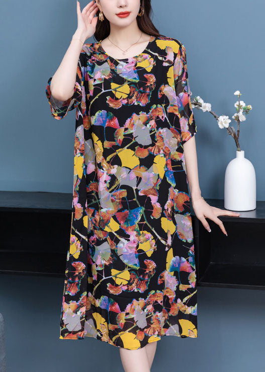 Plus Size Floral O Neck Wrinkled Patchwork Chiffon Dresses Summer Ada Fashion