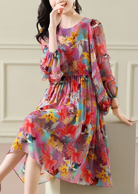 Plus Size Floral O Neck Wrinkled Patchwork Chiffon Long Dress Summer TP1028 - fabuloryshop