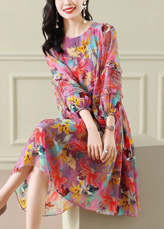 Plus Size Floral O Neck Wrinkled Patchwork Chiffon Long Dress Summer TP1028