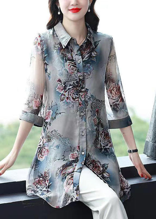 Plus Size Floral Peter Pan Collar Patchwork Chiffon Shirts Summer LY6721 - fabuloryshop
