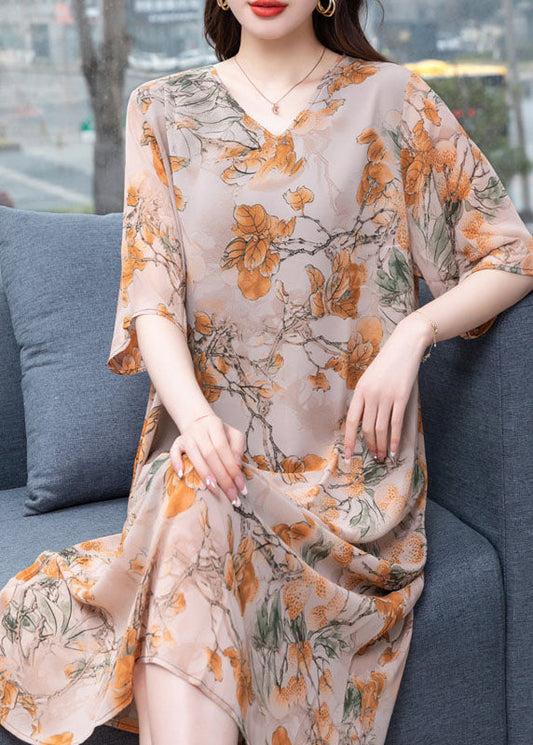 Plus Size Floral V Neck Print  Patchwork Silk Mid Dress Summer Ada Fashion