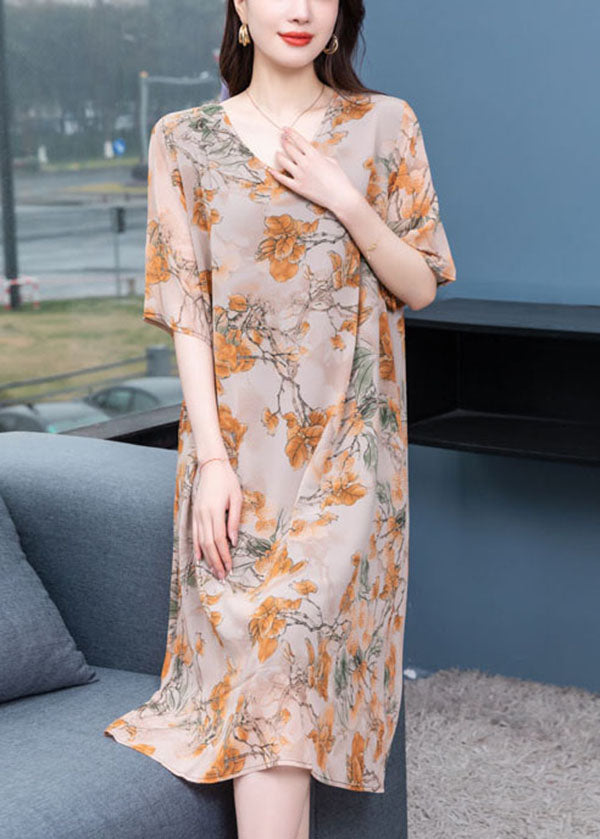 Plus Size Floral V Neck Print  Patchwork Silk Mid Dress Summer Ada Fashion