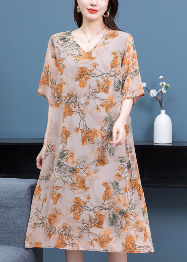 Plus Size Floral V Neck Print  Patchwork Silk Mid Dress Summer Ada Fashion