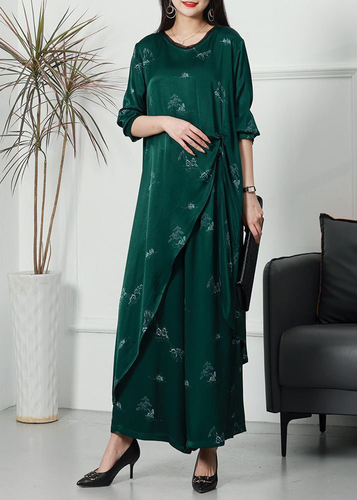 Plus Size Green Asymmetrical Side Open Silk Women Sets 2 Pieces Spring LY3769 - fabuloryshop