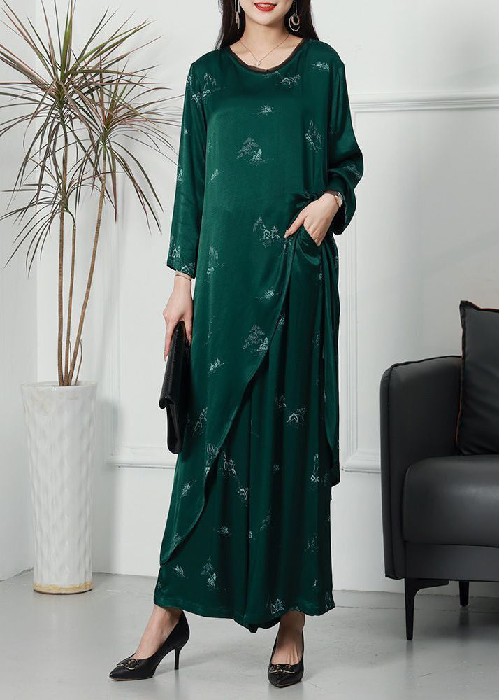 Plus Size Green Asymmetrical Side Open Silk Women Sets 2 Pieces Spring LY3769 - fabuloryshop