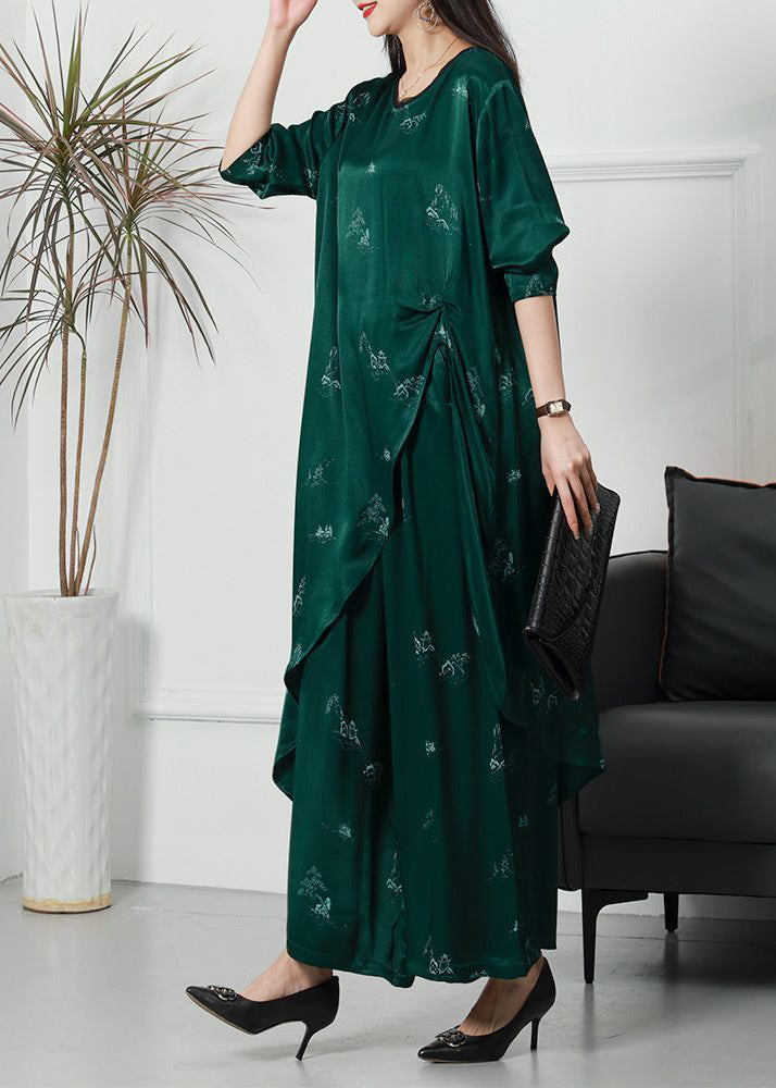 Plus Size Green Asymmetrical Side Open Silk Women Sets 2 Pieces Spring LY3769 - fabuloryshop