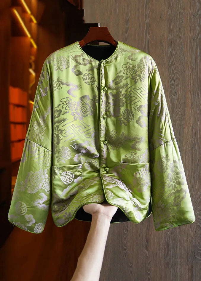 Plus Size Green Button Print Pockets Silk Parka Long Sleeve Ada Fashion