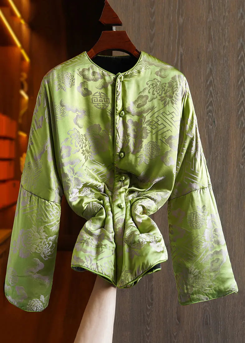 Plus Size Green Button Print Pockets Silk Parka Long Sleeve Ada Fashion