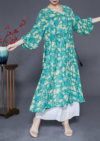 Plus Size Green Cinched Print Chiffon Maxi Dresses Lantern Sleeve LY2873 - fabuloryshop