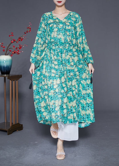 Plus Size Green Cinched Print Chiffon Maxi Dresses Lantern Sleeve LY2873 - fabuloryshop