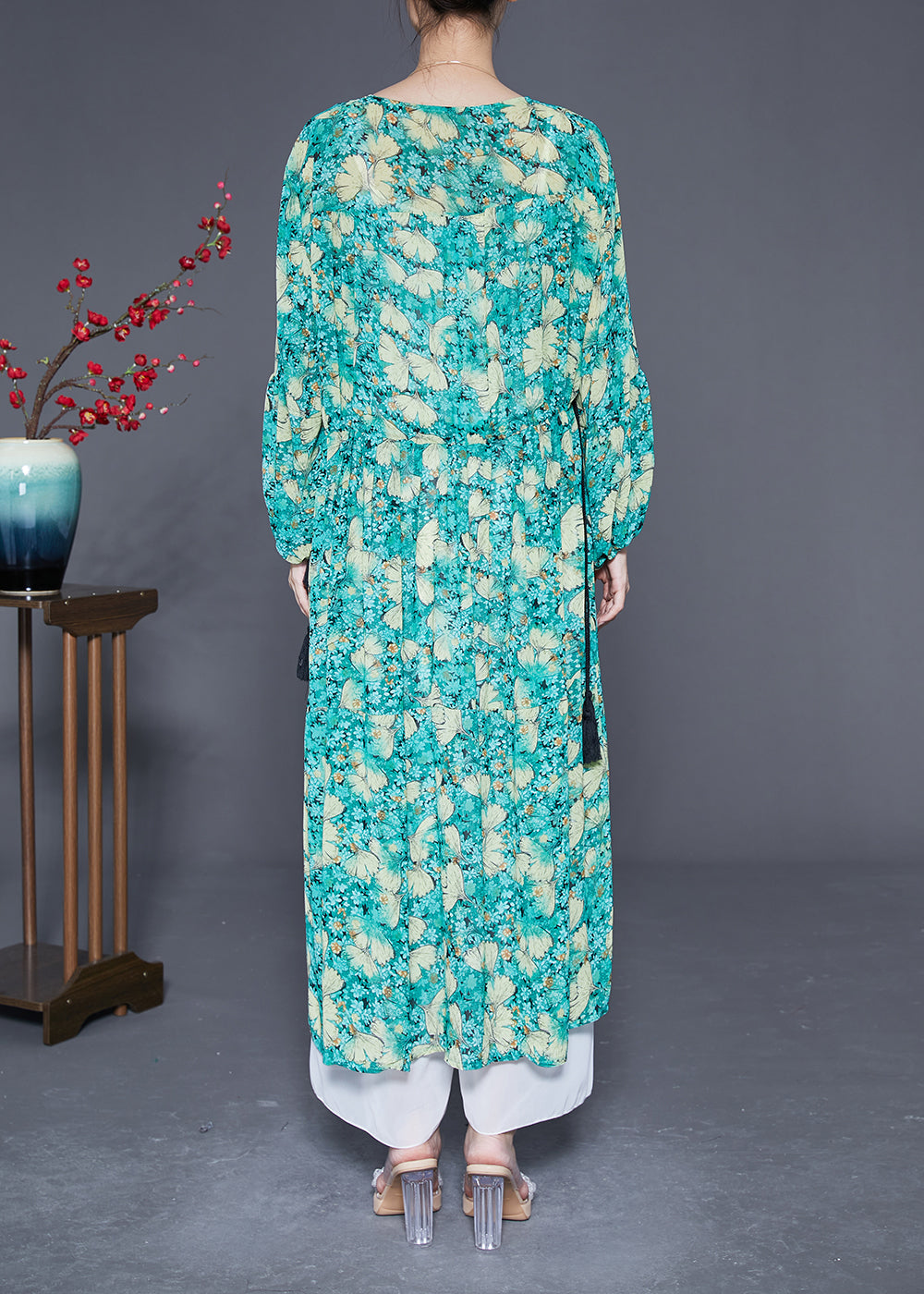 Plus Size Green Cinched Print Chiffon Maxi Dresses Lantern Sleeve LY2873 - fabuloryshop