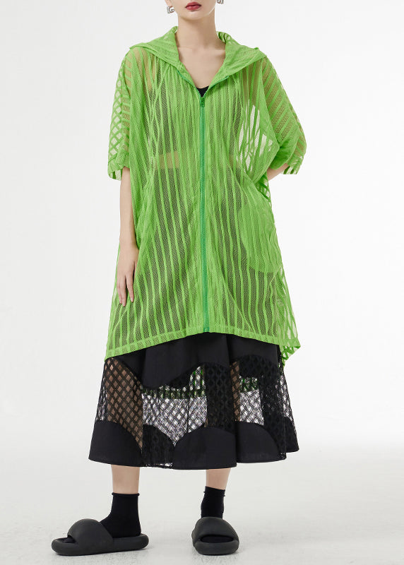 Plus Size Green Hooded Hollow Out Patchwork Tulle UPF 50+ Coat  Half Sleeve Ada Fashion