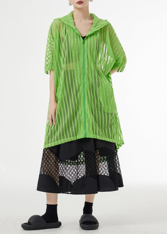 Plus Size Green Hooded Hollow Out Patchwork Tulle UPF 50+ Coat  Half Sleeve Ada Fashion