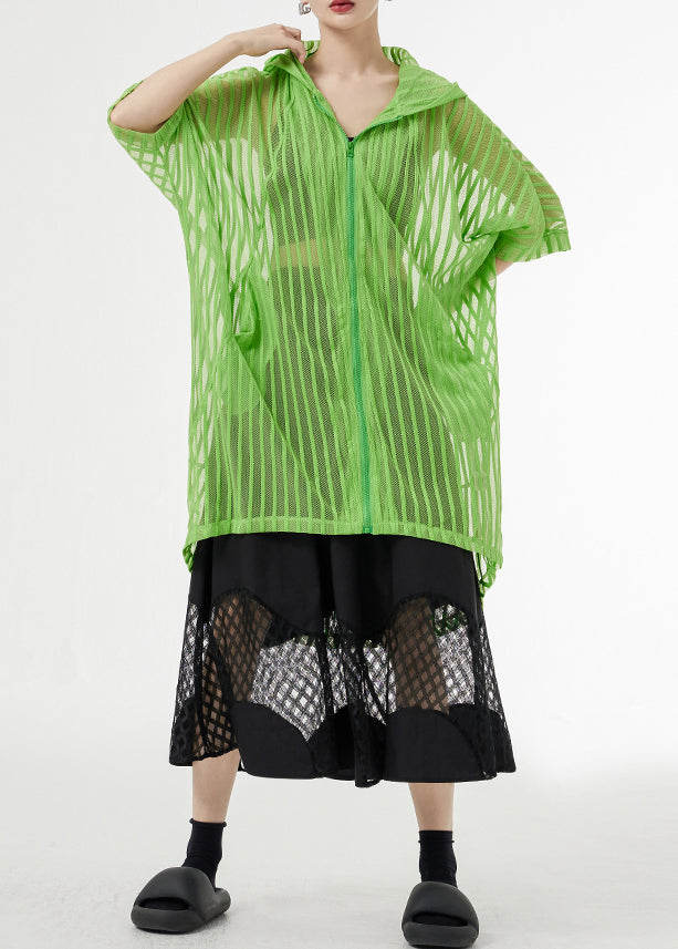 Plus Size Green Hooded Hollow Out Patchwork Tulle UPF 50+ Coat  Half Sleeve Ada Fashion