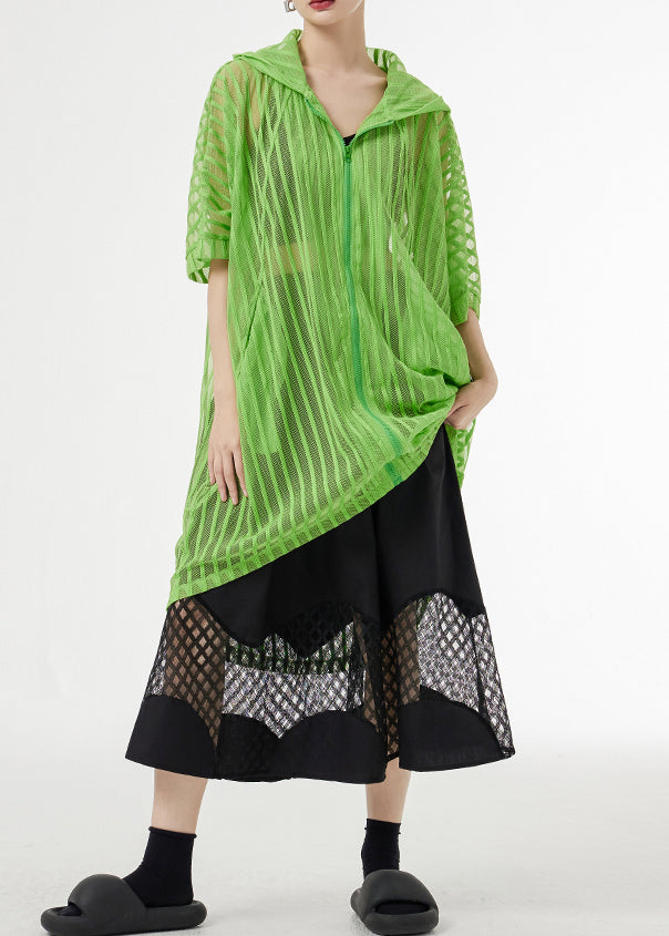 Plus Size Green Hooded Hollow Out Patchwork Tulle UPF 50+ Coat  Half Sleeve Ada Fashion