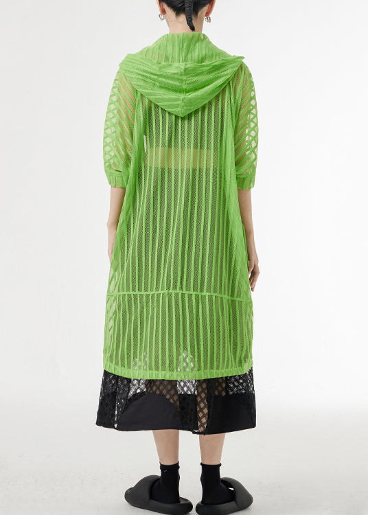Plus Size Green Hooded Hollow Out Patchwork Tulle UPF 50+ Coat  Half Sleeve Ada Fashion