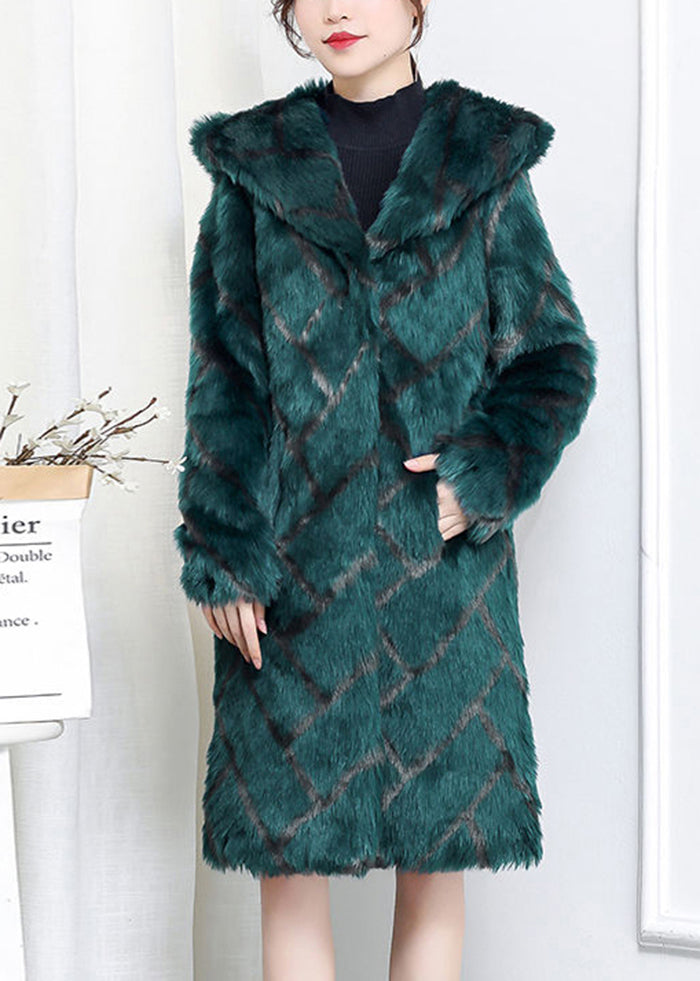 Plus Size Green Hooded Plaid Faux Fur Coats Winter Ada Fashion