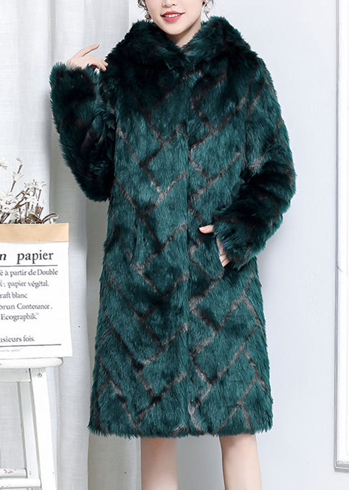 Plus Size Green Hooded Plaid Faux Fur Coats Winter Ada Fashion