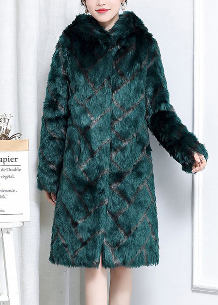 Plus Size Green Hooded Plaid Faux Fur Coats Winter Ada Fashion