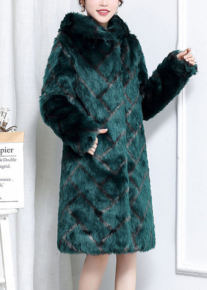 Plus Size Green Hooded Plaid Faux Fur Coats Winter Ada Fashion