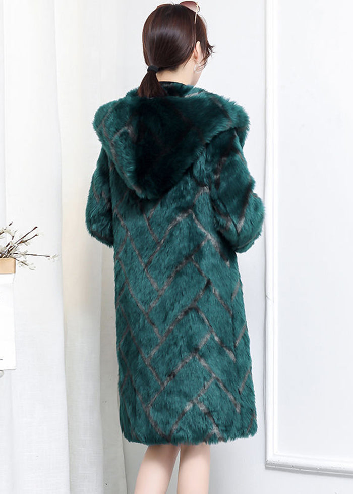 Plus Size Green Hooded Plaid Faux Fur Coats Winter Ada Fashion