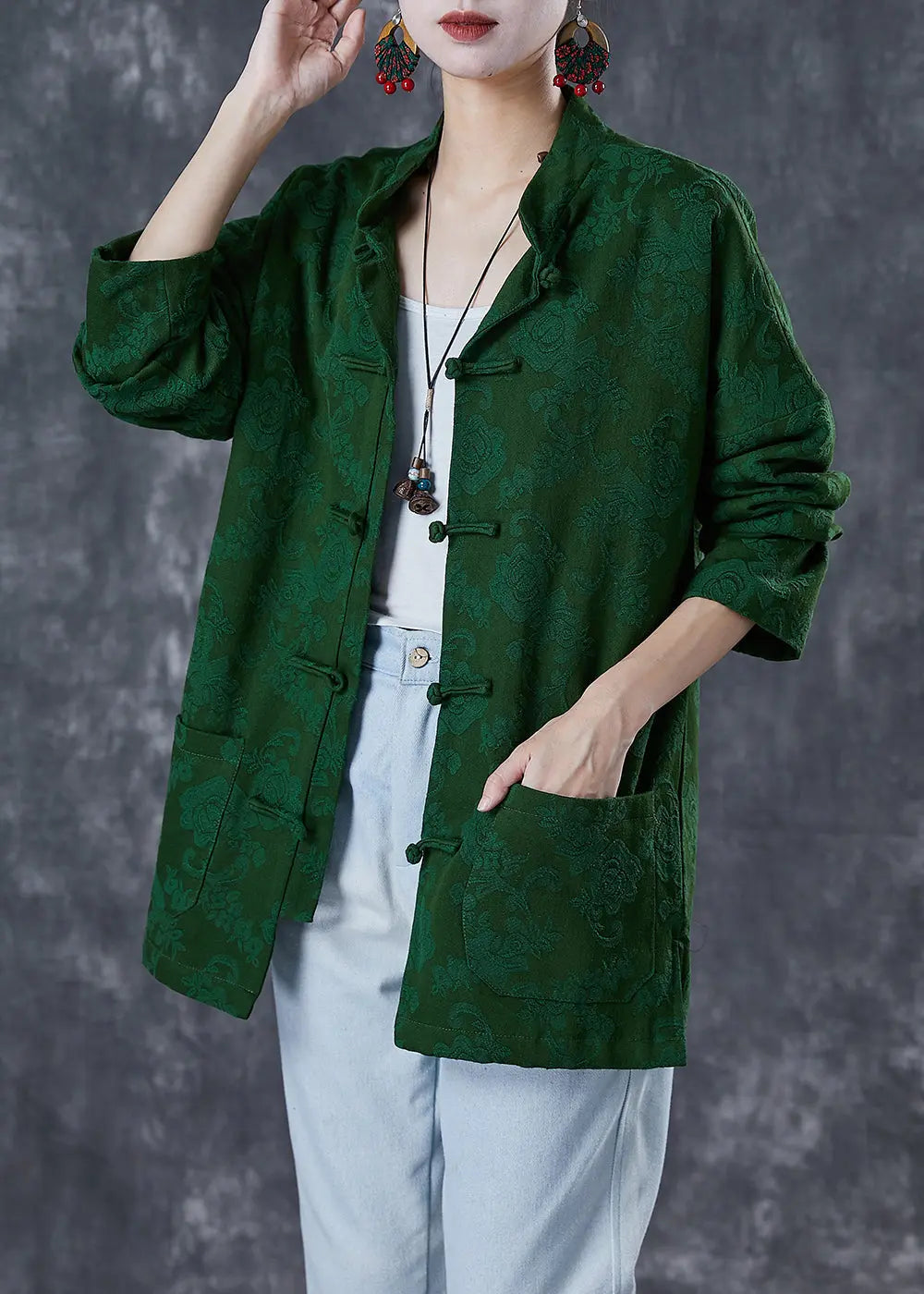 Plus Size Green Jacquard Chinese Button Cotton Coats Fall Ada Fashion