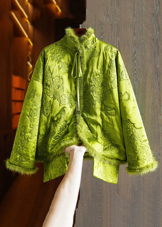 Plus Size Green Lace Up Mink Hair Patchwork Silk Parka Winter Ada Fashion