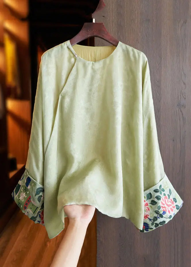 Plus Size Green O-Neck Asymmetrical Embroideried Silk Shirts Fall Ada Fashion