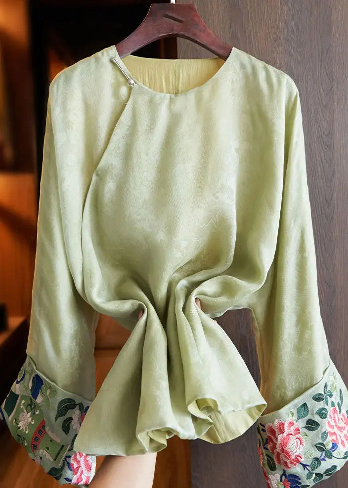 Plus Size Green O-Neck Asymmetrical Embroideried Silk Shirts Fall Ada Fashion