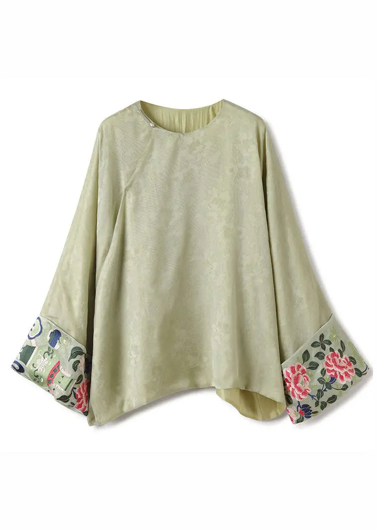 Plus Size Green O-Neck Asymmetrical Embroideried Silk Shirts Fall Ada Fashion