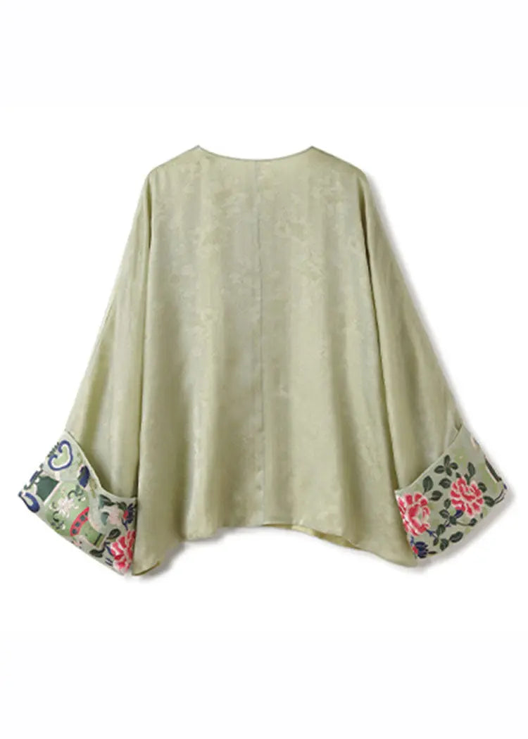 Plus Size Green O-Neck Asymmetrical Embroideried Silk Shirts Fall Ada Fashion