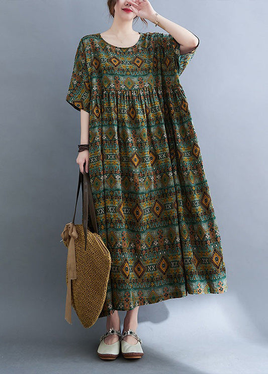 Plus Size Green O-Neck Patchwork Wrinkled Party Maxi Dress Short Sleeve Ada Fashion