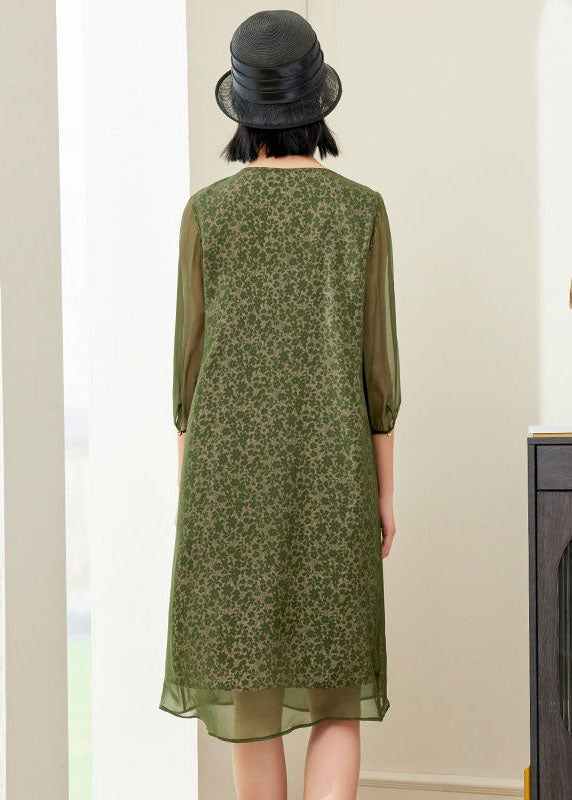 Plus Size Green O-Neck Print Chiffon A Line Dress Half Sleeve LY0519