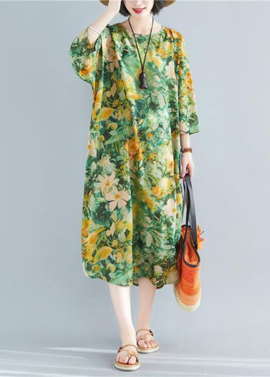 Plus Size Green O-Neck Print Linen Robe Dresses Bracelet Sleeve LY0895 - fabuloryshop