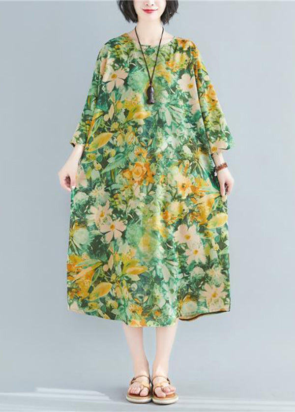 Plus Size Green O-Neck Print Linen Robe Dresses Bracelet Sleeve LY0895 - fabuloryshop