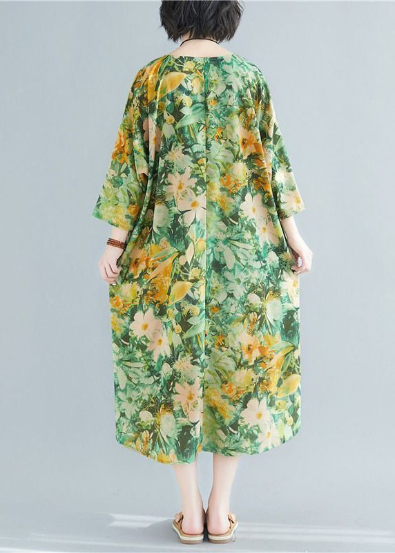 Plus Size Green O-Neck Print Linen Robe Dresses Bracelet Sleeve LY0895 - fabuloryshop