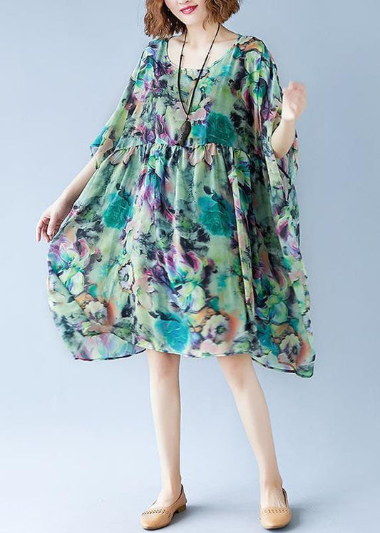 Plus Size Green O Neck Print Patchwork Chiffon Dresses Summer LY2933 - fabuloryshop