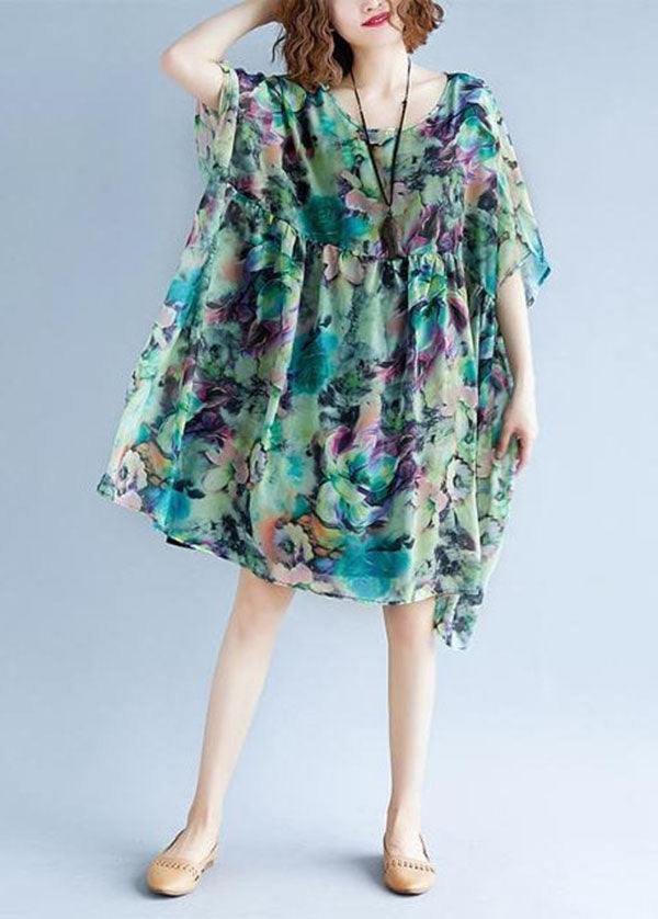 Plus Size Green O Neck Print Patchwork Chiffon Dresses Summer LY2933