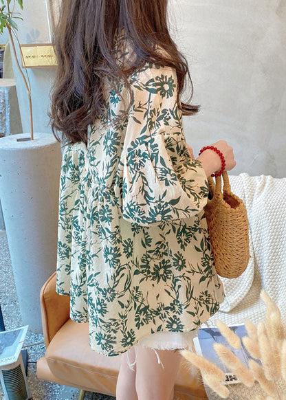 Plus Size Green O Neck Print Wrinkled Cotton Blouse Tops Summer LY2900 - fabuloryshop