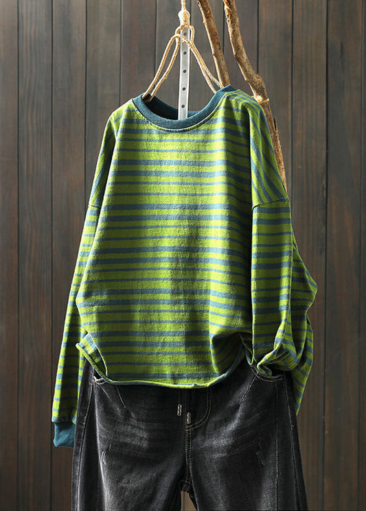 Plus Size Green O Neck Striped Patchwork Cotton T Shirt Top Fall Ada Fashion