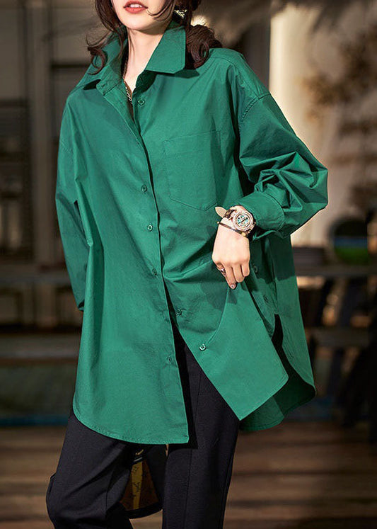 Plus Size Green Peter Pan Collar Button Patchwork Cotton Shirts Long Sleeve LY3844 - fabuloryshop