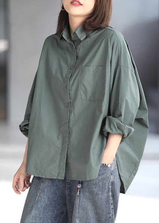 Plus Size Green Peter Pan Collar Patchwork Cotton Shirt Top Spring LY5362 - fabuloryshop