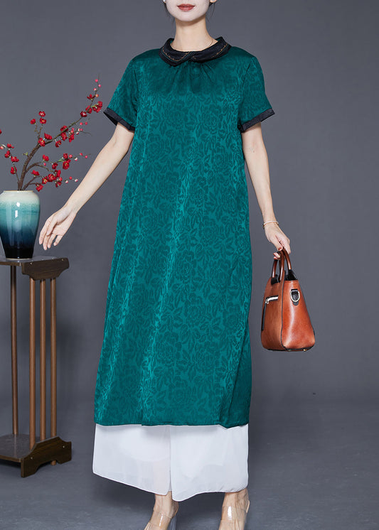Plus Size Green Peter Pan Collar Patchwork Jacquard Silk Dress Summer Ada Fashion