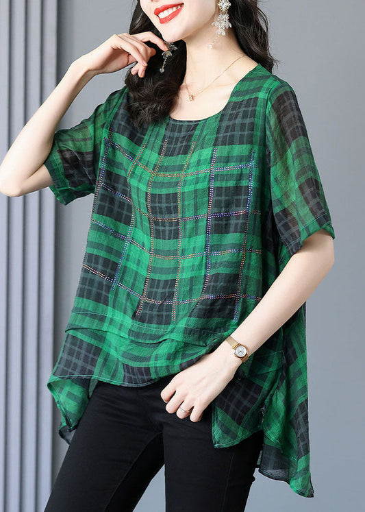 Plus Size Green Plaid Zircon Patchwork Linen T Shirts Summer LY6680 - fabuloryshop