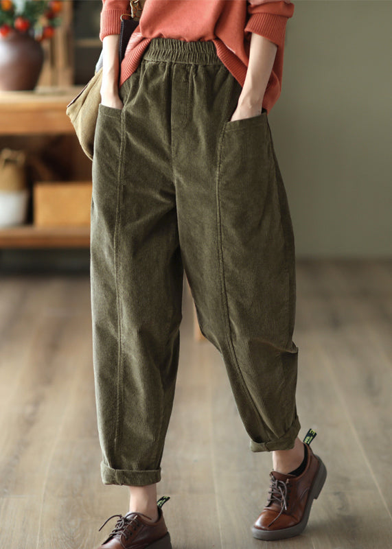 Plus Size Green Pockets Patchwork Corduroy Pants Fall Ada Fashion