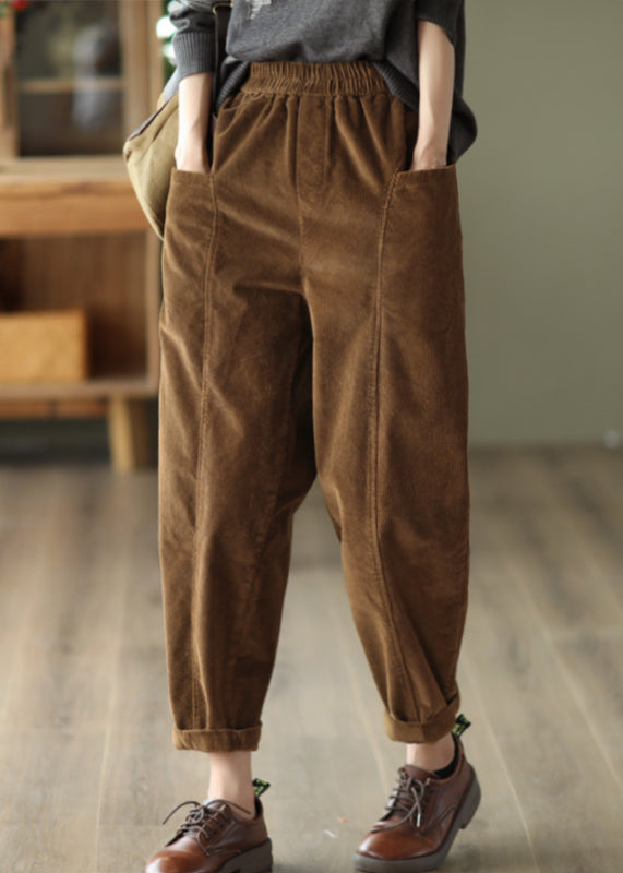 Plus Size Green Pockets Patchwork Corduroy Pants Fall Ada Fashion