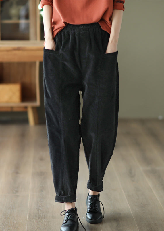 Plus Size Green Pockets Patchwork Corduroy Pants Fall Ada Fashion