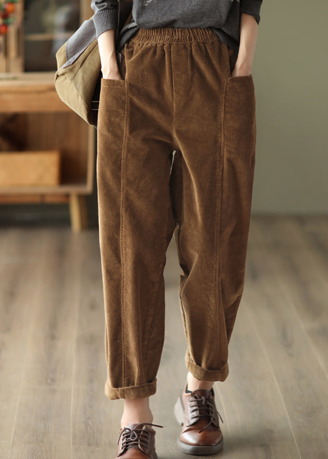 Plus Size Green Pockets Patchwork Corduroy Pants Fall Ada Fashion